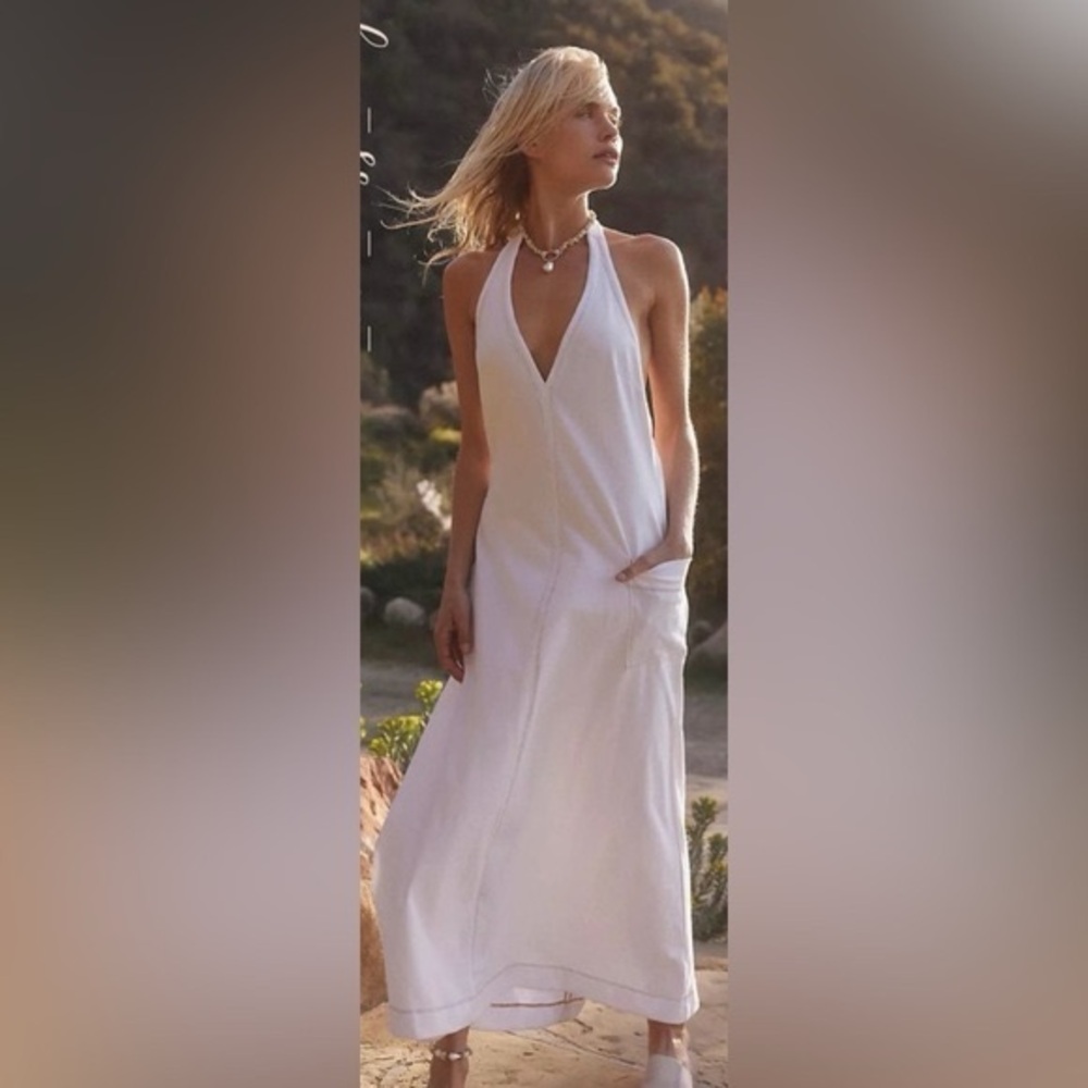 NWOT Free People Beach Halter Backless White V Neck Maxi Dress Sz XS